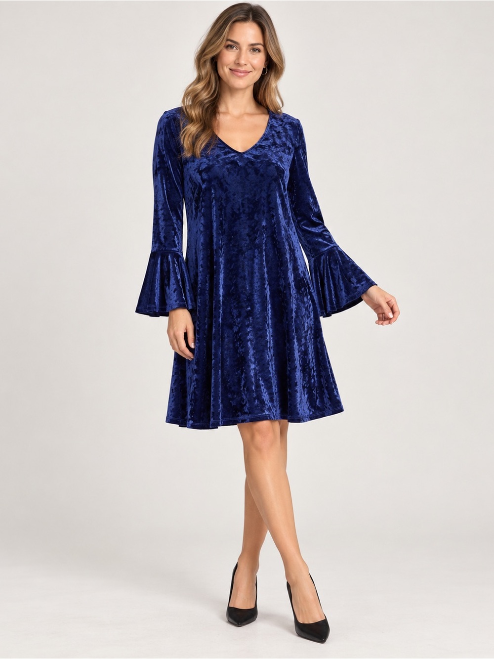 Karen Kane Royal Blue Velvet V-Neck Bell Sleeve Dress